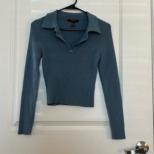 Blue Ribbed Long Sleeve Polo Top
